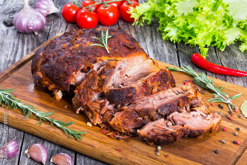 Obraz na plátně Big Piece of Slow Cooked Oven-Barbecued Pulled Pork shoulder