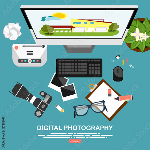 Photography equipment with photo camera on a table.Vector illustration in a flat style.