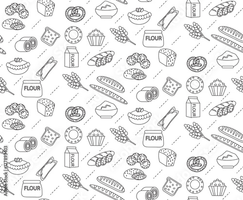 Bakery seamless pattern. Line, outline, doodle style. Bread and buns texture. Flour products endless background. bread and pastry backdrop. Vector illustration