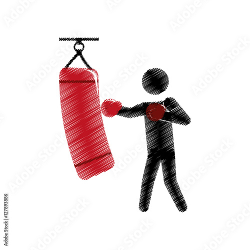drawing colored silhouette boxer trainer punching bag vector illustration eps 10