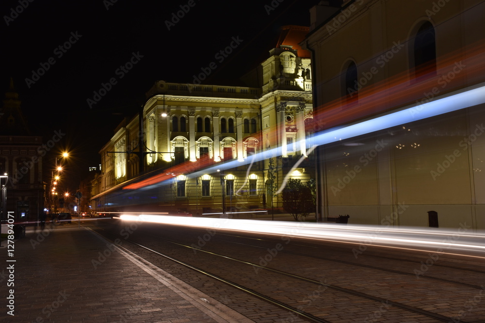 a tram at night