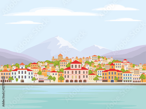 Abstract image of a coastal town. Vector background with the image of the sea coast and small houses.