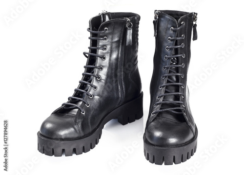 Black leather boots isolated on white background