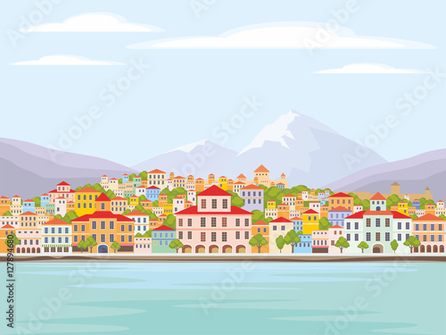 Abstract image of a coastal town. Vector background with the image of the sea coast and small houses.