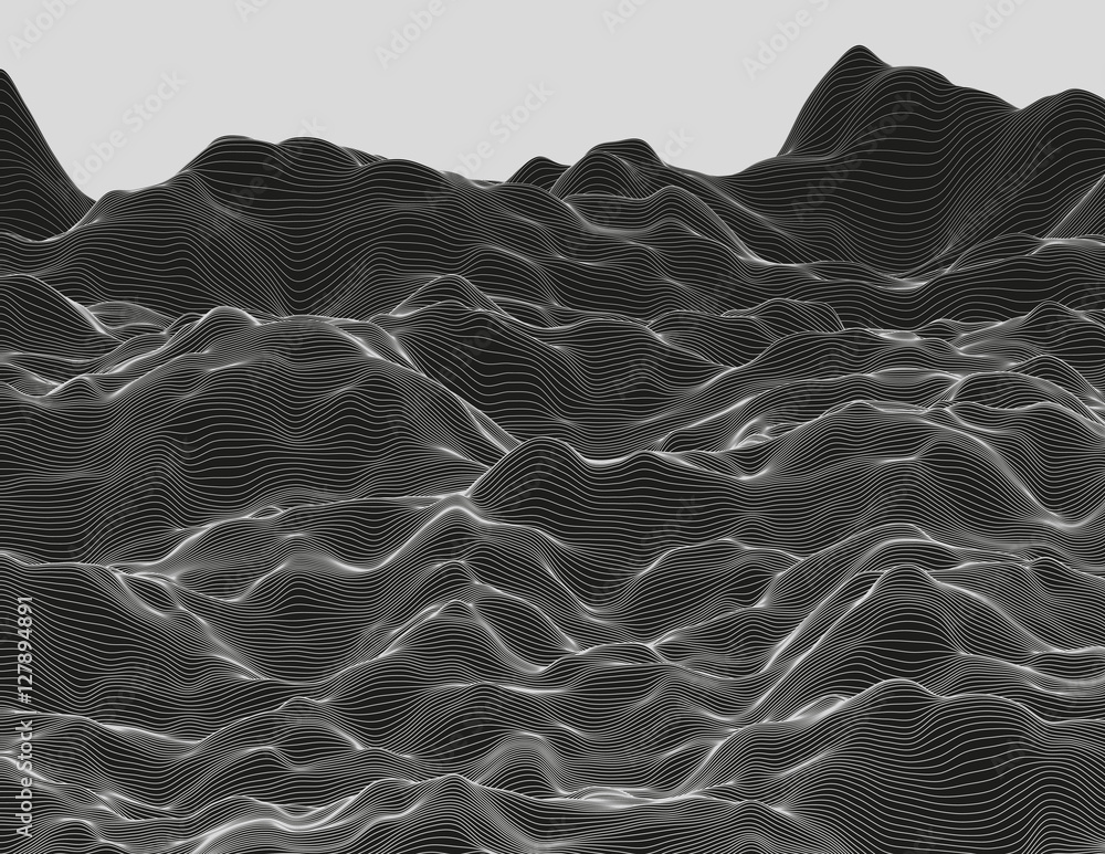 Wavy linear monochrome procedural terrain. Striped digital extraterrestrial landscape. Trendy wireframe cybernetic mountains. Modern illustration for a background. Element of design.