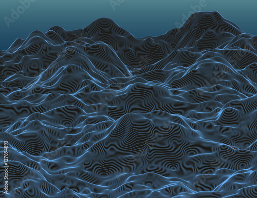 Wavy linear colorful procedural terrain. Striped digital extraterrestrial landscape. Trendy wireframe cybernetic mountains. Modern illustration for a background. Element of design.