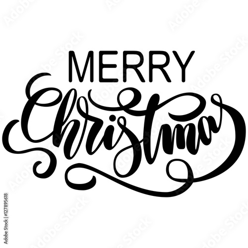 Hand lettering Merry Christmas, black brush calligraphy, isolated on white background. Vector illustration. Can be used for card design.