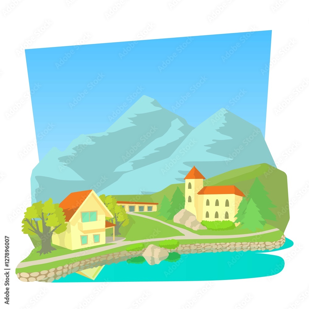 Small town icon. Cartoon illustration of small town vector icon for web