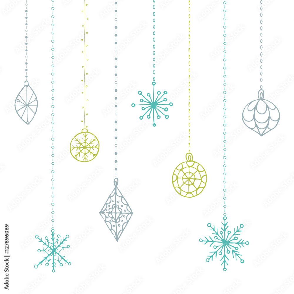 Winter hand drawn toys and snowflakes collection