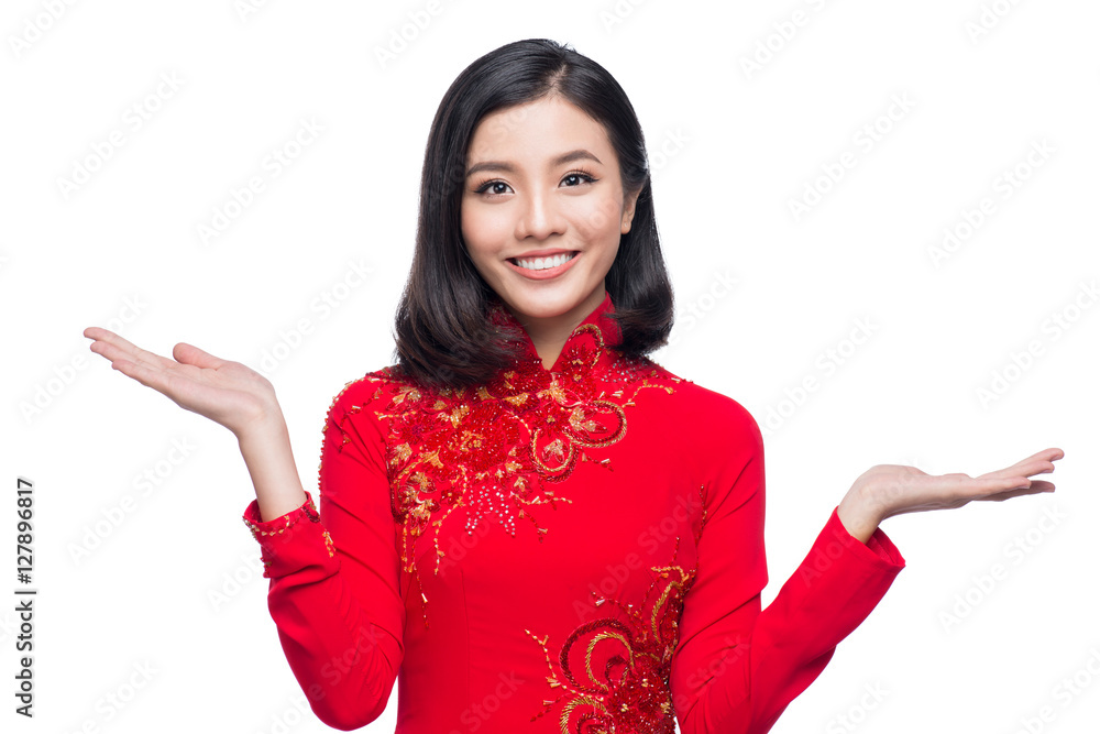 Smile Vietnamese woman in dress traditional Ao Dai and introduce Smile Vietnamese woman in dress traditional Ao Dai and introduce