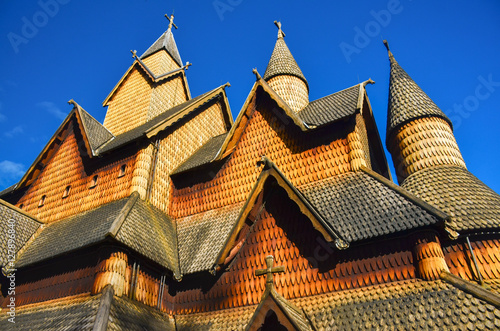 Famous wooden steve church in Heddal, Norway. Original wallpaper of the building, which is part of unesco