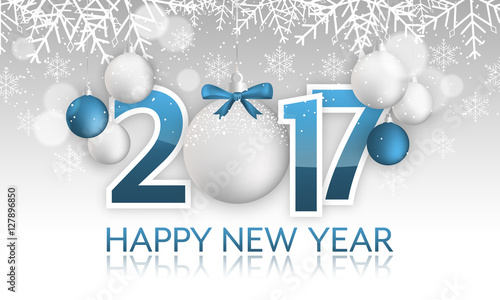 Happy New Year 2017 banner. Hanging baubles with bow, snow, snowflakes and blurred circles.