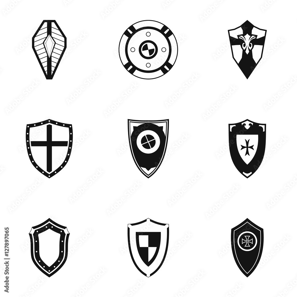 Protective shield icons set. Simple illustration of 9 protective shield