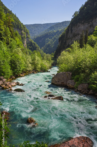 Landscape in Abkhazia with Caucasian ridge and river © Oleg Zhukov