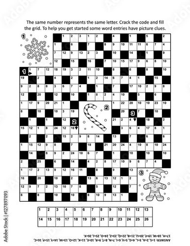 Puzzle page with winter holiday themed codebreaker (or codeword, or code cracker) word game. Answer included.
