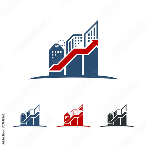 building  tag price and graph with arrow upwards logo design vector