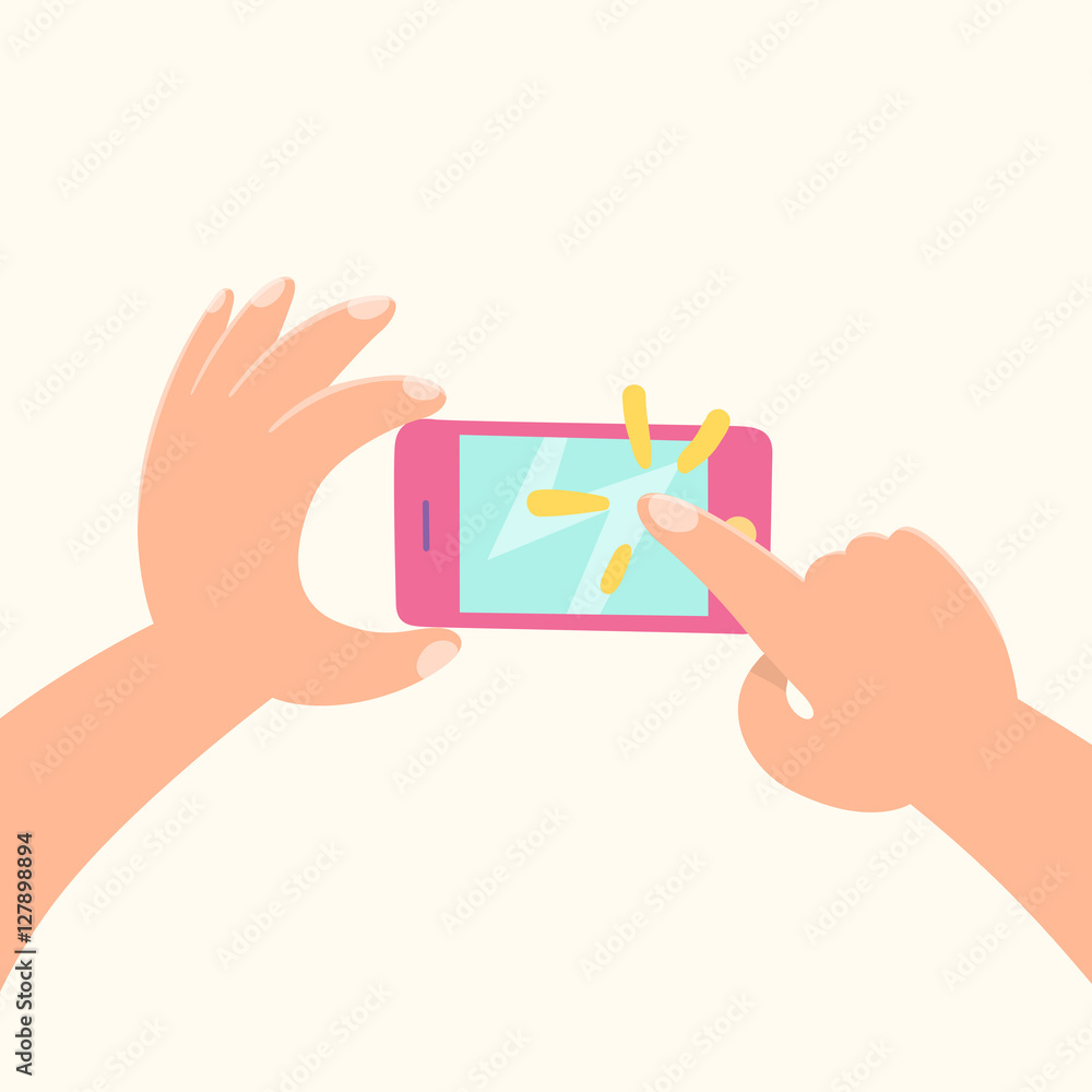 Obraz premium Cartoon ands holding phone and tapping. Smartphone.