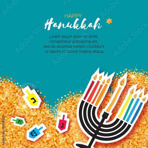 Colorful Origami Happy Hanukkah Greeting card on blue background