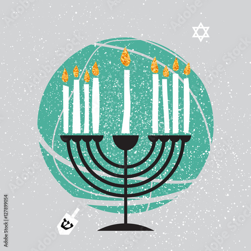 Cute Happy Hanukkah Greeting card. Jewish holiday with menorah