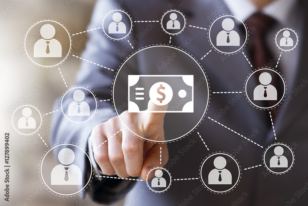 Businessman push button dollar currency sign web Businessman push button dollar currency sign web