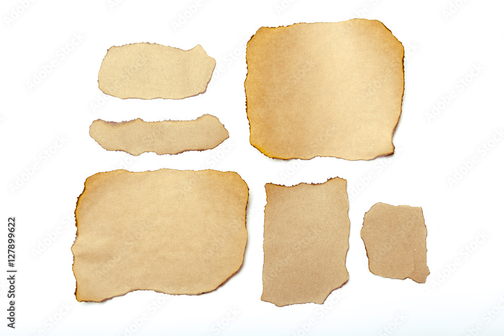 brown ripped pieces of paper on white background