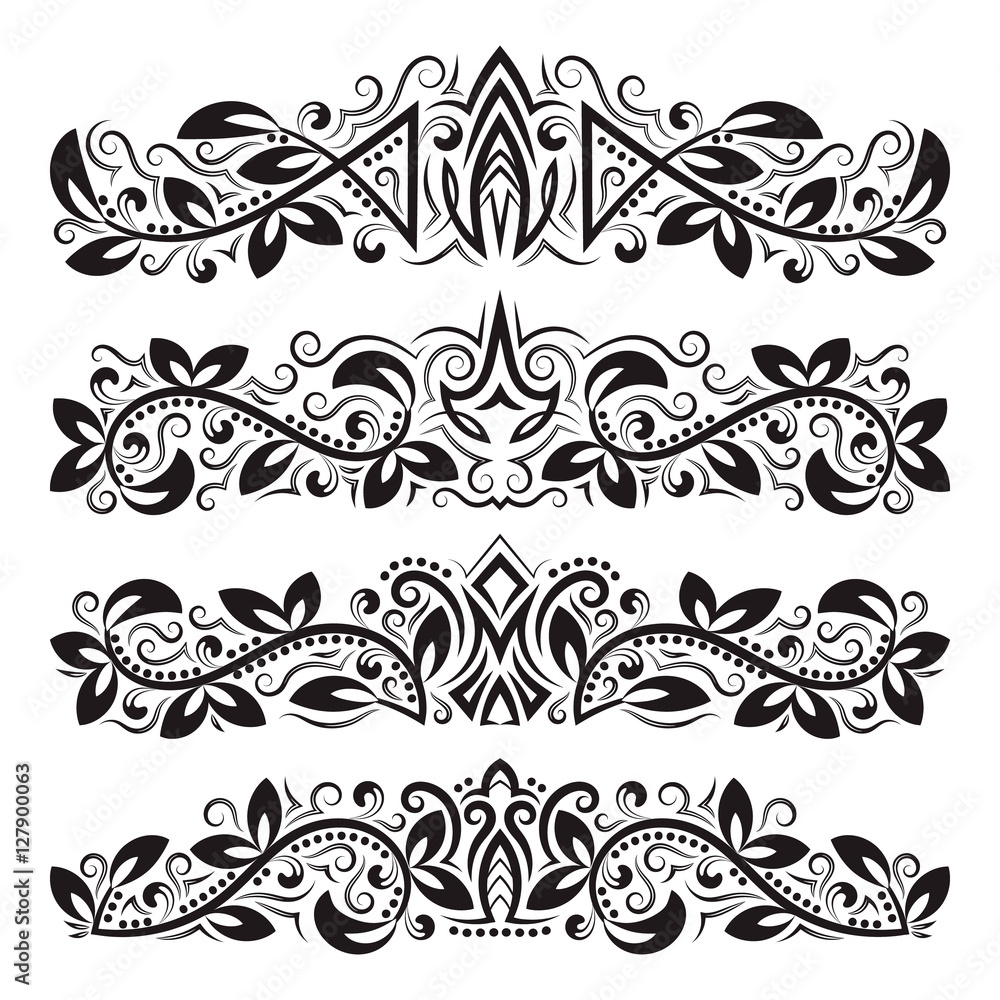 Fototapeta premium Design ornamental elements. Vintage headline decorations set. Floral tattoo in baroque style.
