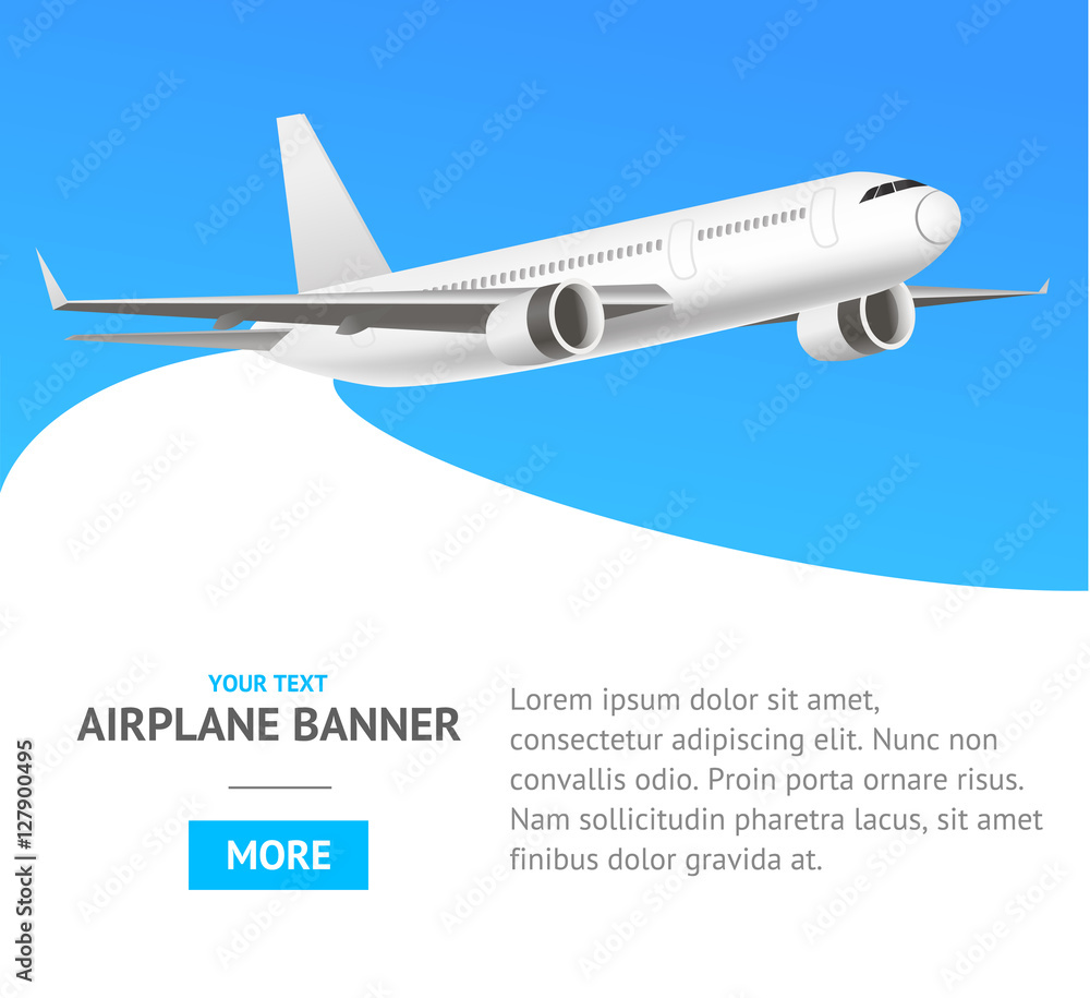 White Jet Airplane in the Air Banner. Vector White Jet Airplane in the Air Banner. Vector