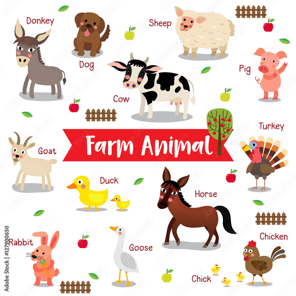 Farm Animal cartoon on white background with animal name. Goat. Chicken.  Chick. Goose. Donkey. Sheep. Horse. Duck. Rabbit. Pig. Dog. Cow. Turkey.  Vector illustration. Stock Vector | Adobe Stock