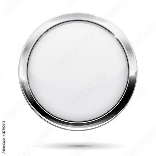White button. Round web icon with metal frame
