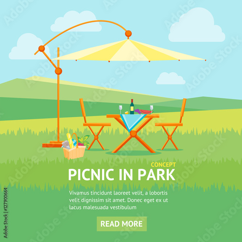 Summer Picnic in Park Banner. Vector