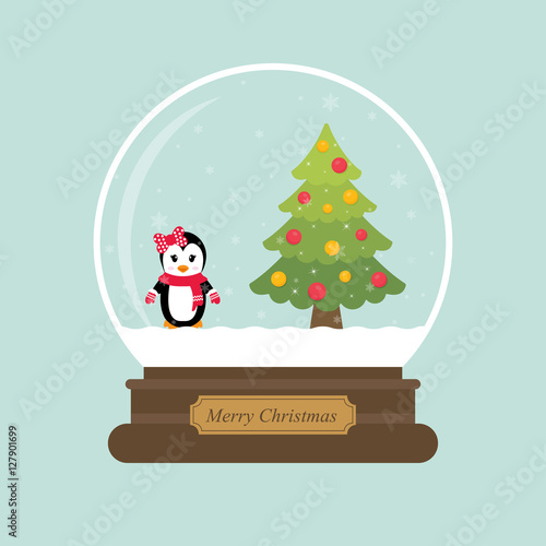 cartoon christmas snowglobe and winter penguin