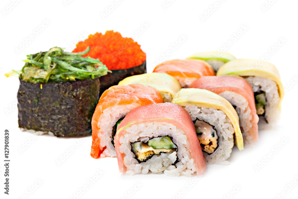 Set of sushi roll Japanese food menu in restaurant, isolated on Set of sushi roll Japanese food menu in restaurant, isolated on