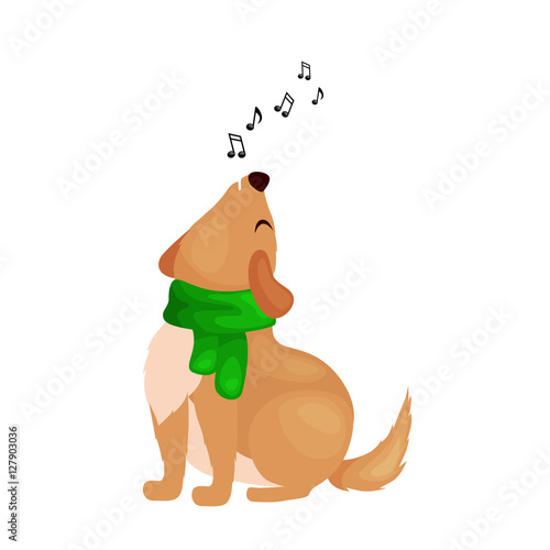 dog singing christmas songs and jingle bells music on winter holiday fun vector illustration