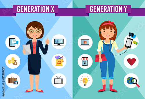 Generations Comparison infographic, Generation X, Generation Y, cartoon character