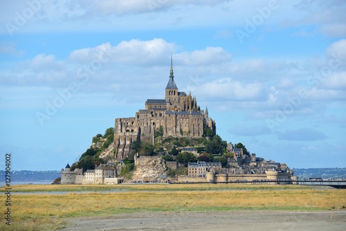 View of Mont Saint Michel, France, with a green field and sea photo