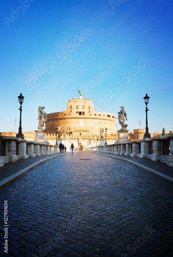 view of castle saint Angelo and bridge, Rome, Italy, retro toned