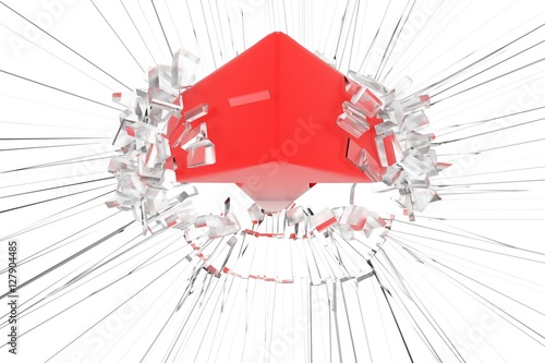 a 3D render of a red arrow breaking a glass ceiling