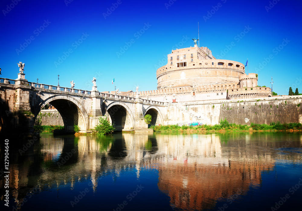 castle saint Angelo and bridge in Rome, Italy, toned