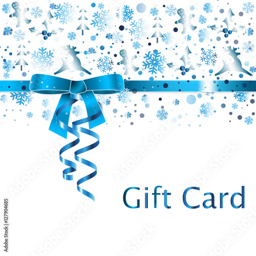 Gift Card with ribbon bow and streamers, winter elements in blue