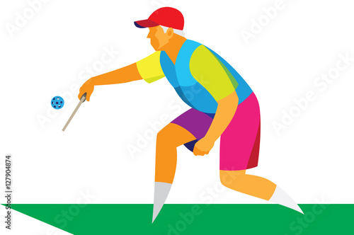 old man plays with a racket and a ball on the court