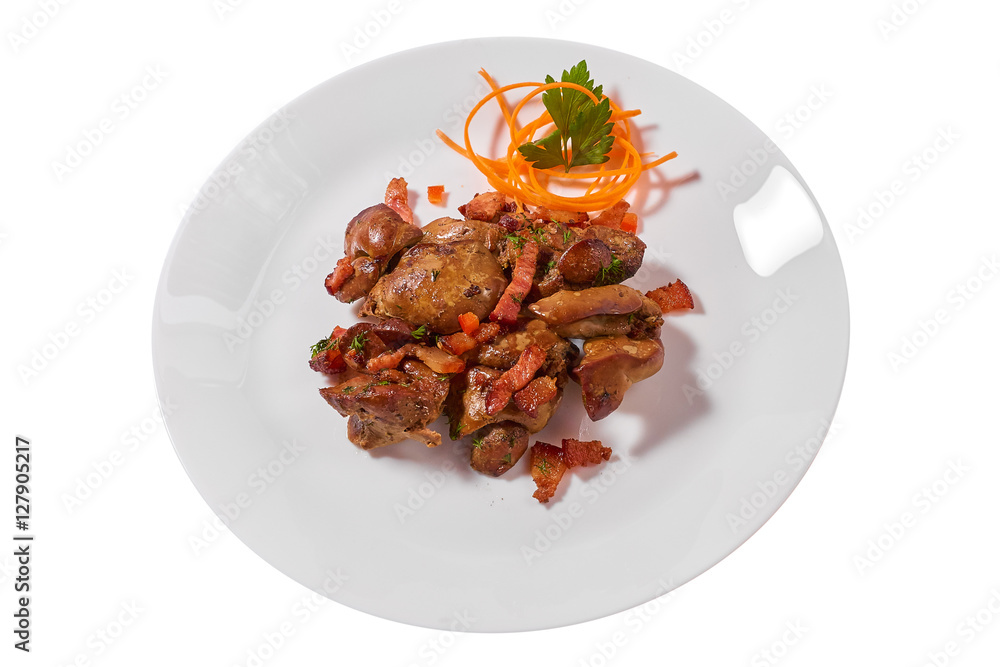 Stewed chicken livers with pork bacon and carrots on white plate, isolated on white background