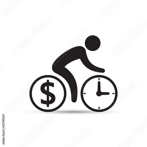 Business concept, cyclist icon vector. Time is money concept. Bicycle wheels as a coin and clock. Simple isolated bicycle sign.