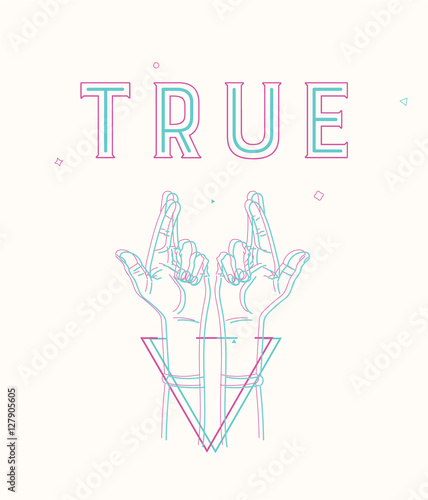 crossed fingers, a symbol of true, with text and geometrical shapes. Print design