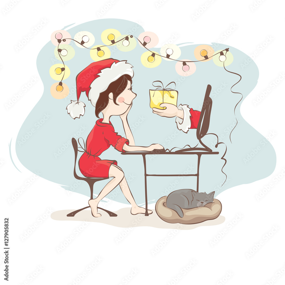 Christmas gifts through online/Young woman receives a gift, ordered over the Internet Christmas gifts through online/Young woman receives a gift, ordered over the Internet