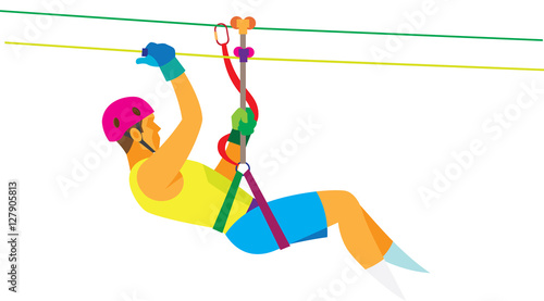 the young man down the rope to the attraction ziplining