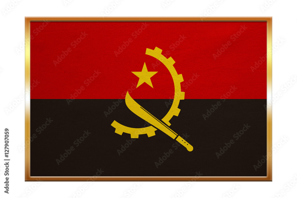 Flag of Angola , golden frame, fabric texture Flag of Angola , golden frame, fabric texture