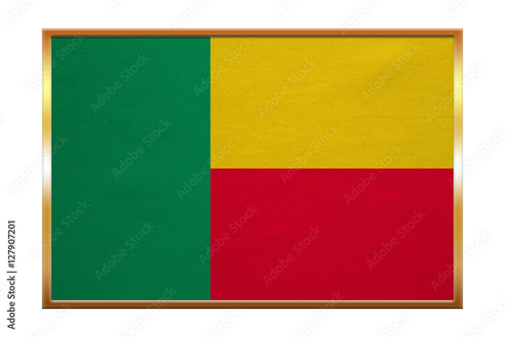 Flag of Benin , golden frame, fabric texture Flag of Benin , golden frame, fabric texture