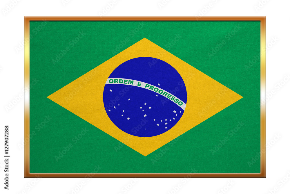Obraz premium Flag of Brazil , golden frame, fabric texture