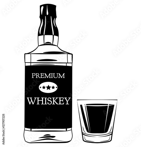 Whiskey Bottle and Shot Glass. Alcohol Drink Vintage vector Elements.