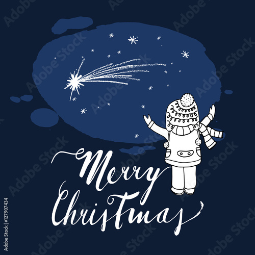 Kid watching the Christmas comet at night, Christmas greeting card, hand drawn vector illustration
